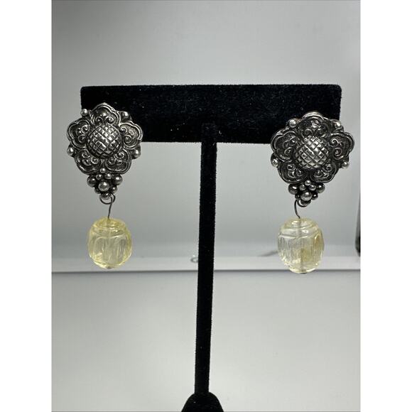 STEPHEN DWECK Sterling Silver Yellow Carved Stone Vintage Omega Back Earrings - Picture 1 of 8